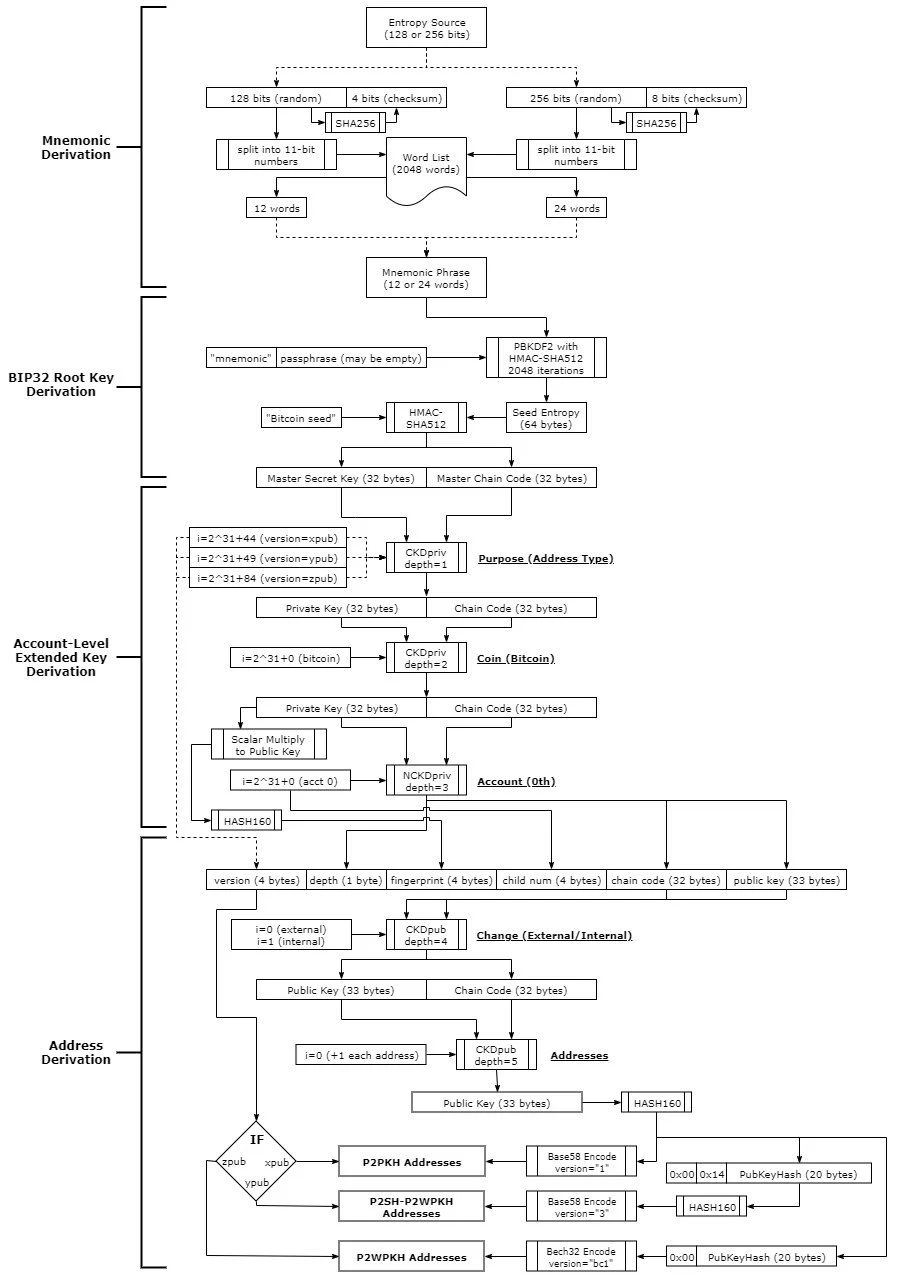 Diagram showing how a seed phrase derives wallet keys and addresses